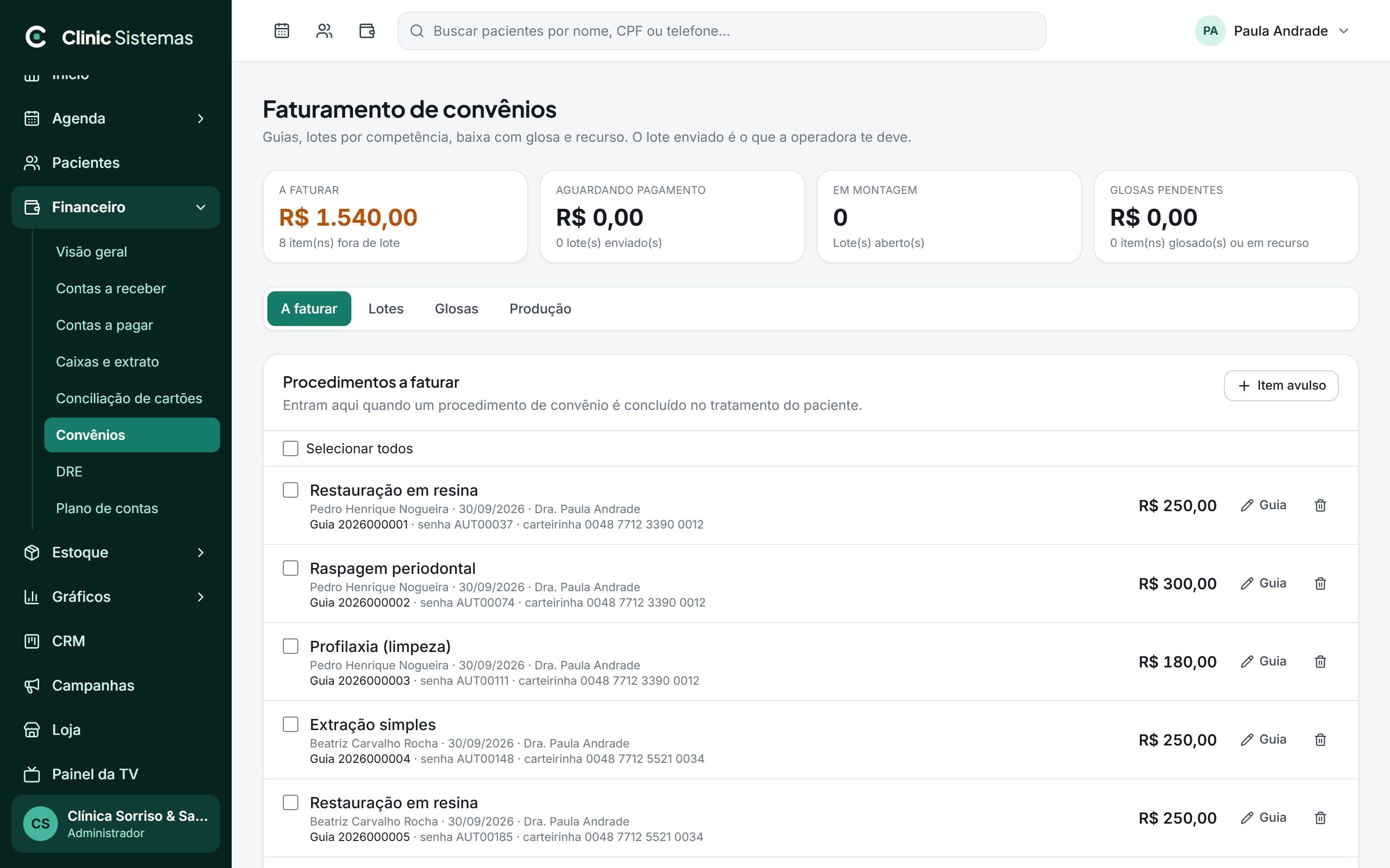 Faturamento de convênios