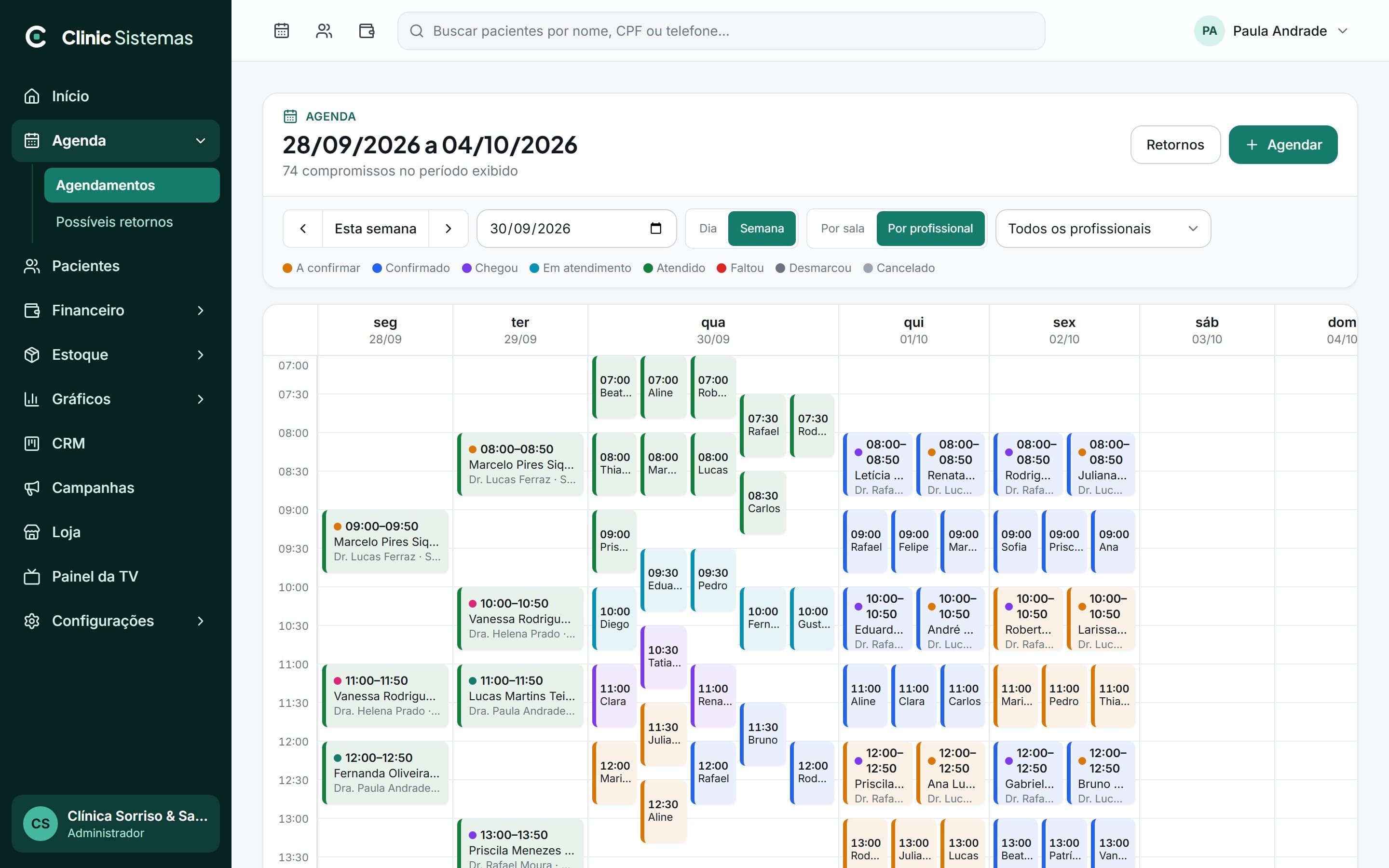 Agenda da semana por profissional