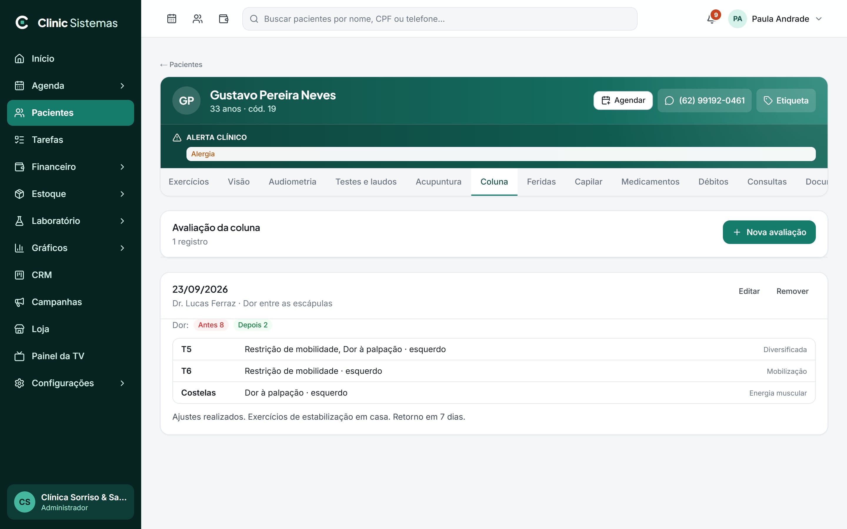 Avaliação da coluna com segmentos, achados e técnica