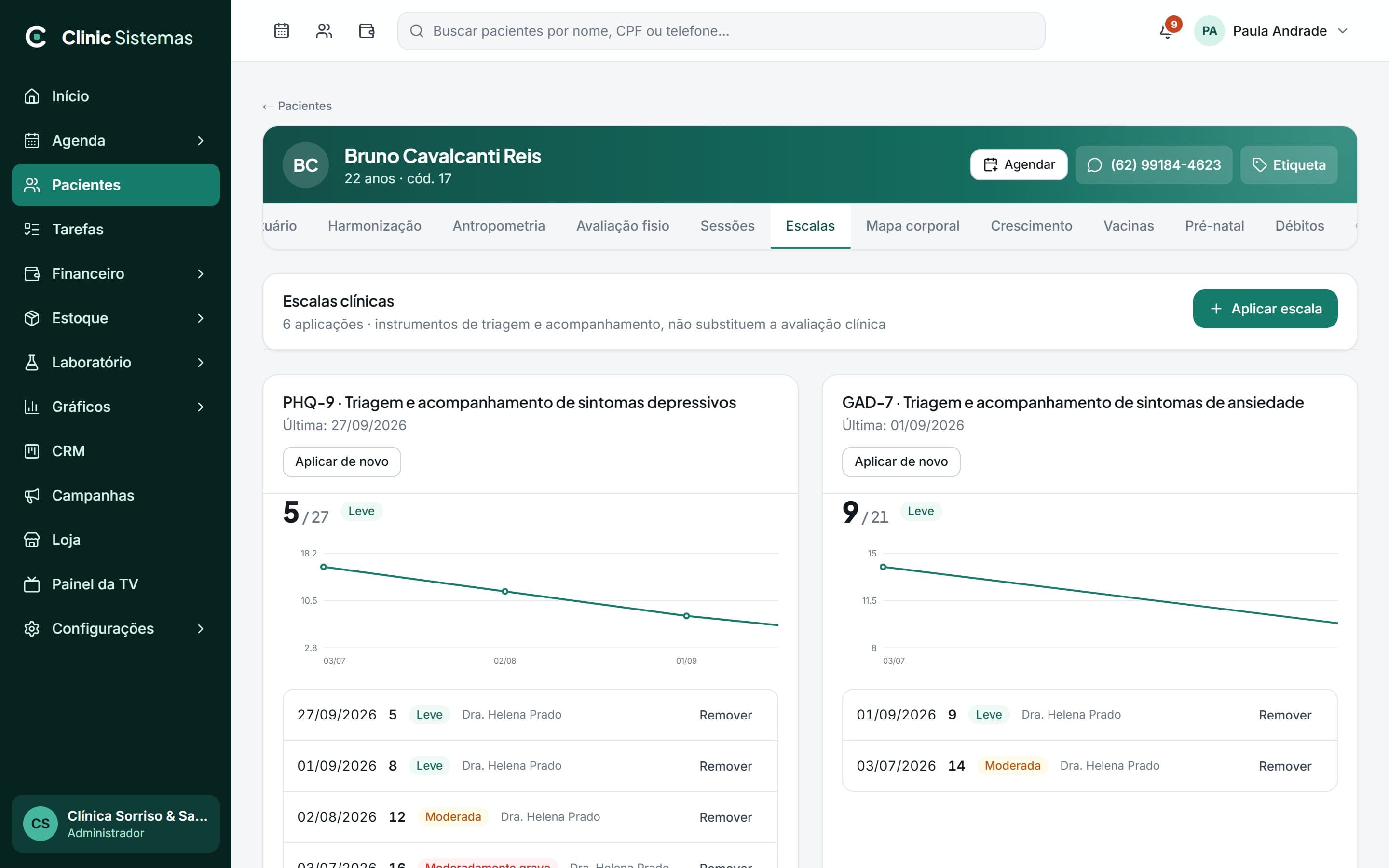 Escalas PHQ-9 e GAD-7 com pontuação e gráfico de evolução