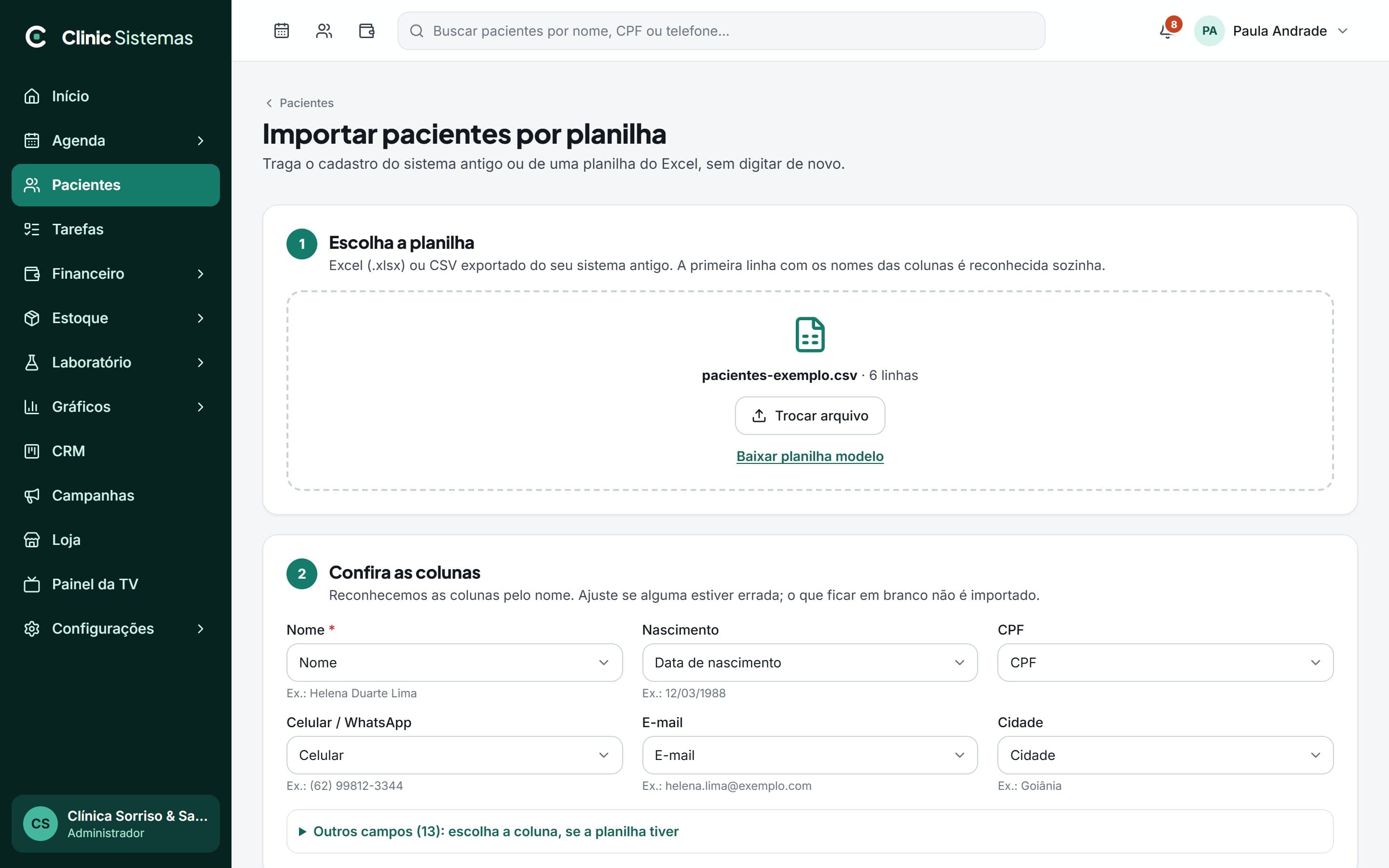 Importação de pacientes com as colunas da planilha reconhecidas