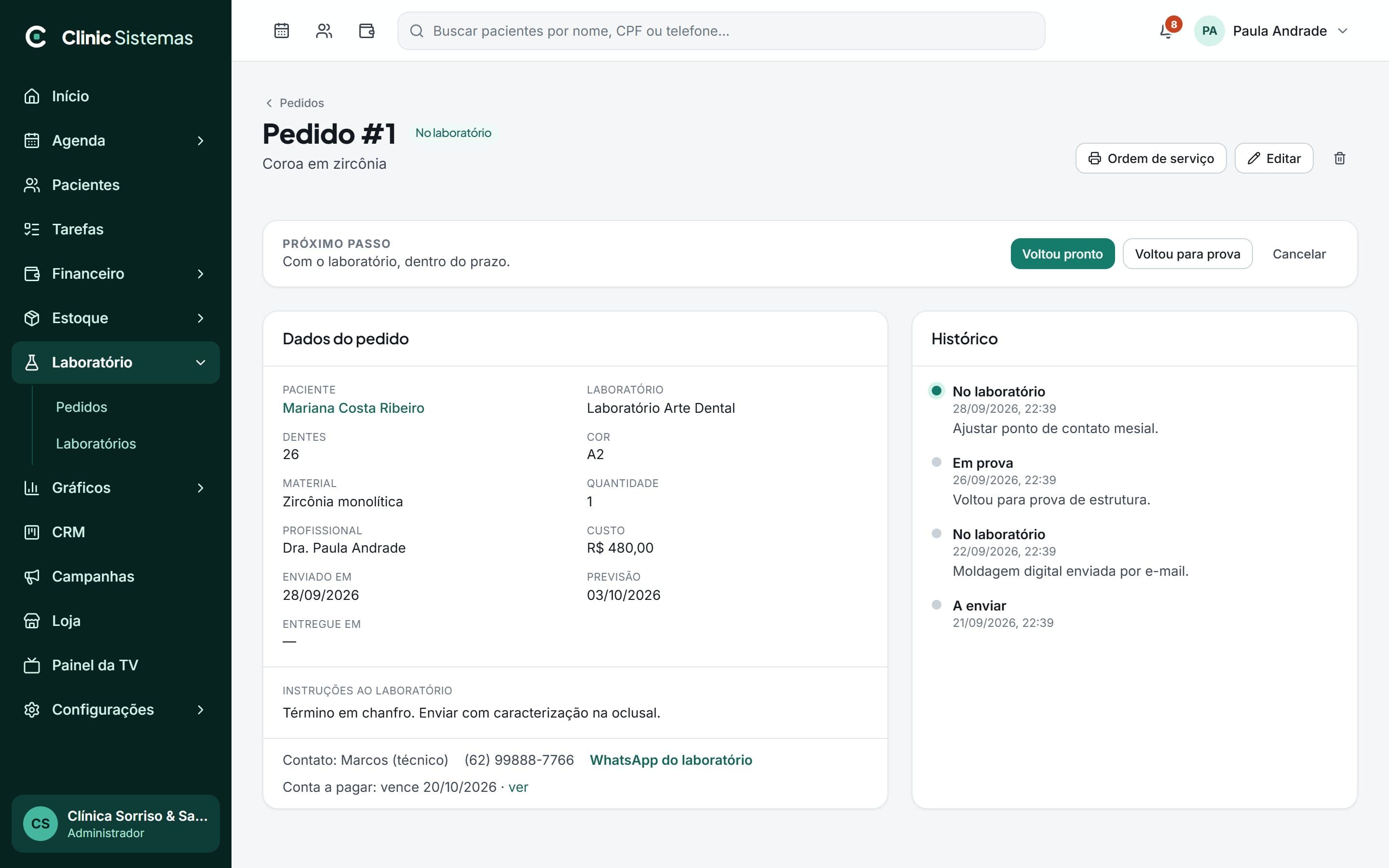 Pedido ao laboratório com dados, próximo passo e histórico